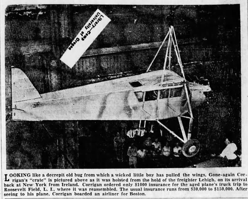 Corrigan's plane returns to the US 1938