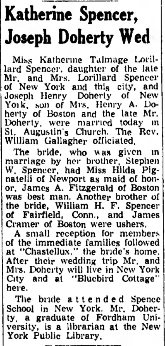 Marriage of Joseph Henry Doherty (1923-1992) and Katherine Talmage Lorillard Spencer (1923-1992)