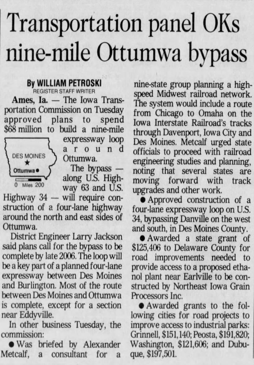 Transportation Panel OKs Nine-Mile Ottumwa Bypass