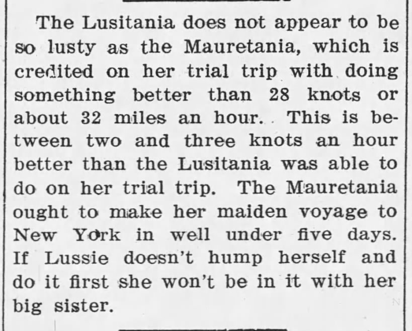 RMS Lusitania, 1907
