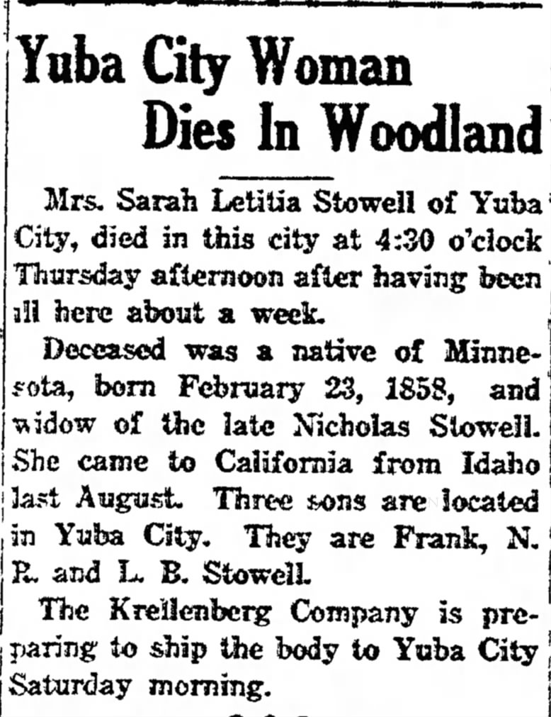 Sarah Letitia Fuller, Woodland Daily Democrat on June 27, 1924