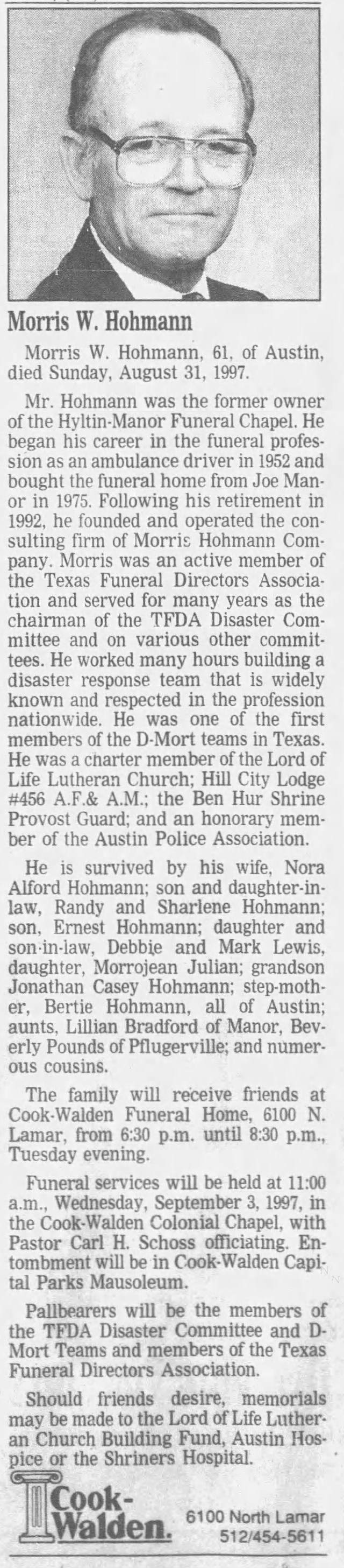 Morris Hohmann Obituary Austin American-Statesman Monday September 1, 1997 Page 36