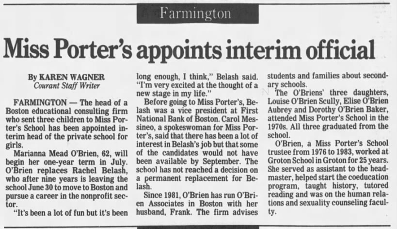 Article - Marianna Mead O'Brien appointed interim head of Miss Porter's School