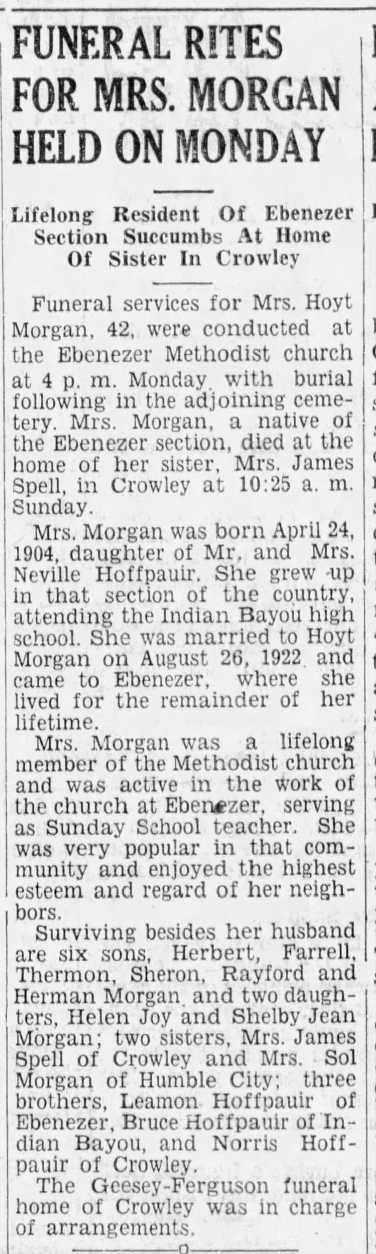 Vadie Hoffpauir wife of Hoyt Morgan Weekly Acadian 12 Sep 1946