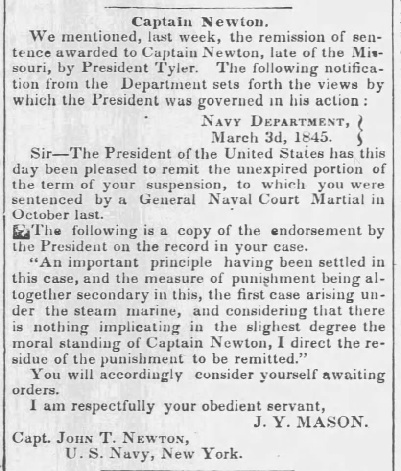Information about President Tyler remitting suspension of J.T. Newton after court martial