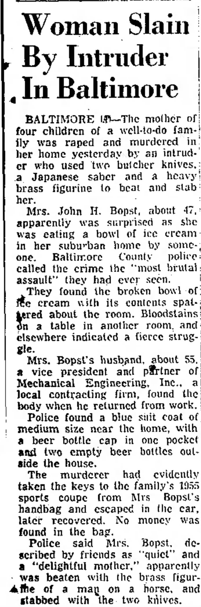 Mrs. John H. Bopst Murder in NC Paper (The Daily Times-News (Burlington, NC), June 13 1956, page 5