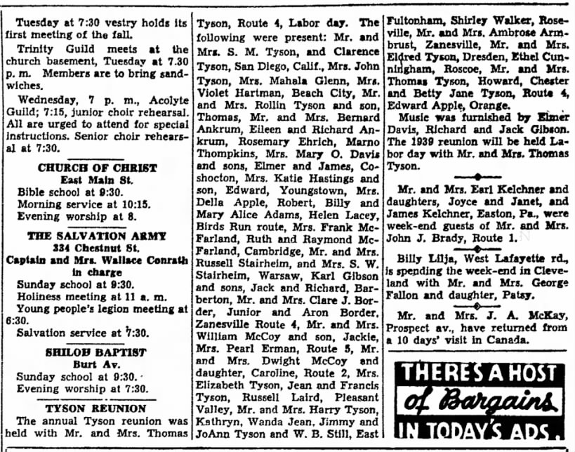Tyson Reunion 1938 - The Coshocton Tribune, Saturday, 10 Sept 1938, p. 3