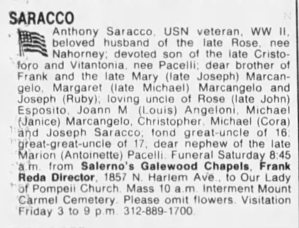 Anthony Saracco obit sept 27 1991
