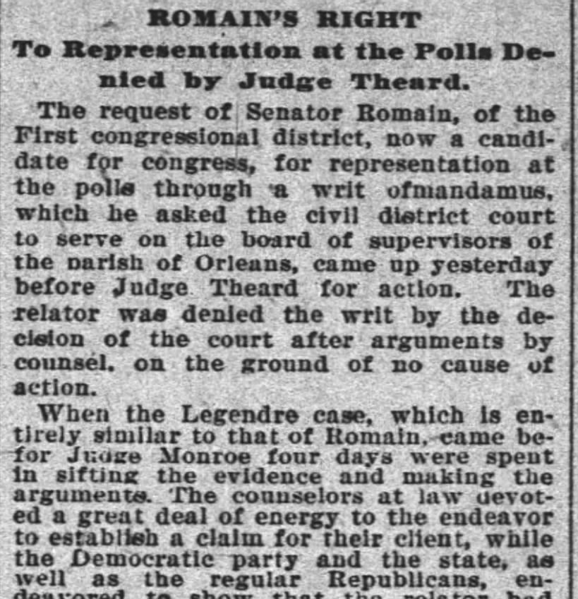 Romain denied Right to Representation at the Polls 10.31.1896