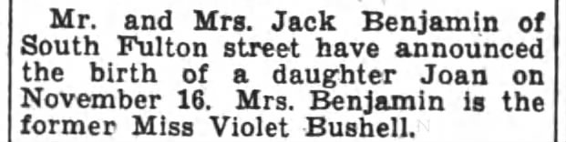 Birth daughter to John & Violet Benjamin