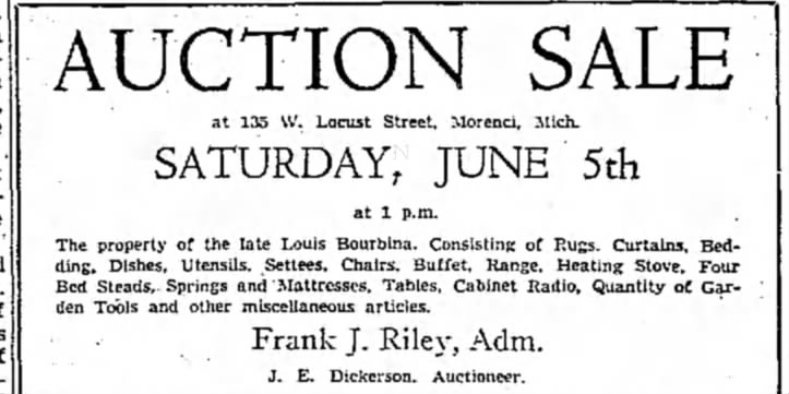 Louis Bourbina Estate Sale The Daily Telegram (Adrian, Michigan)03 Jun 1943, ThuPage