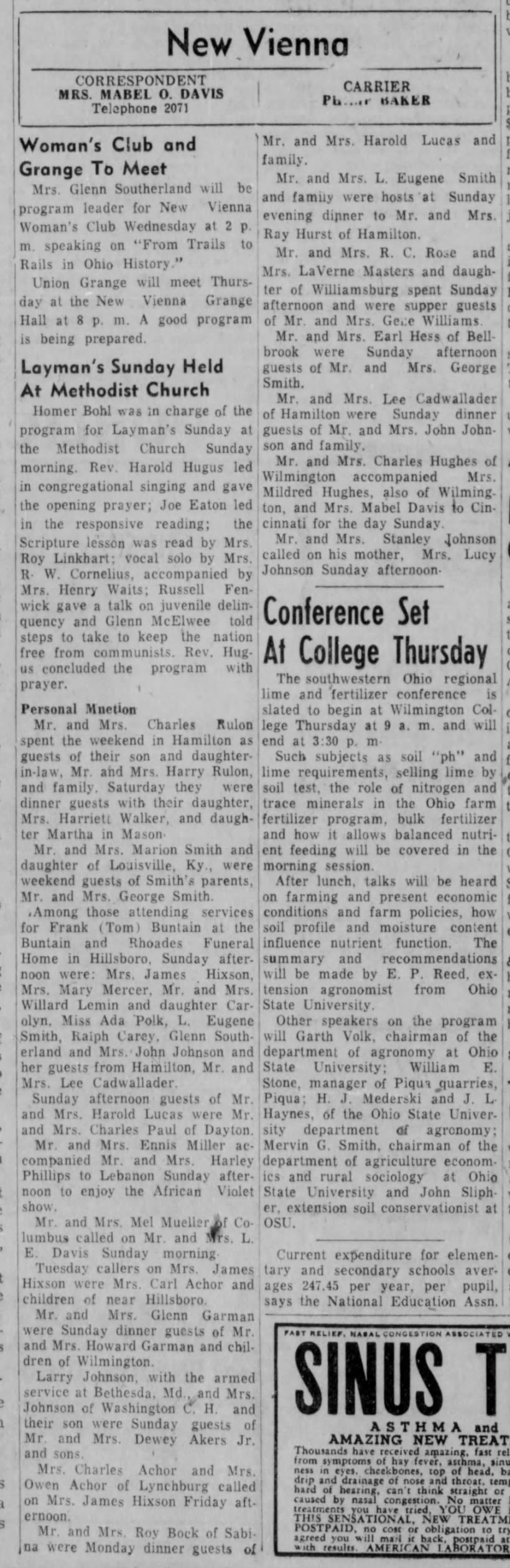 1954 New Vienna (Ohio) News -Oct. 26
