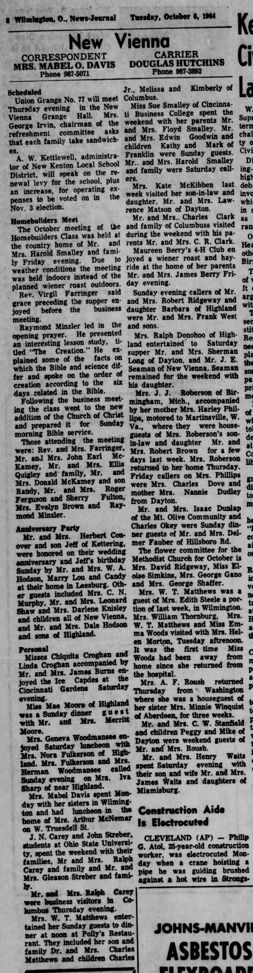 1964 New Vienna (Ohio) News -Oct. 6