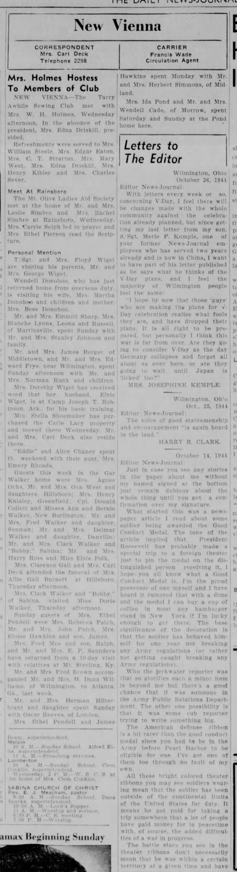1944 New Vienna (Ohio) News - Oct. 27