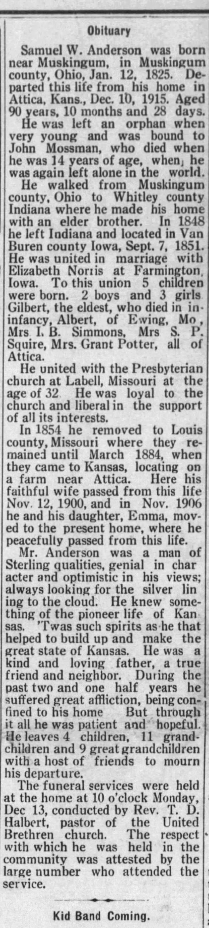 Obituary for Samuel W. Anderson
