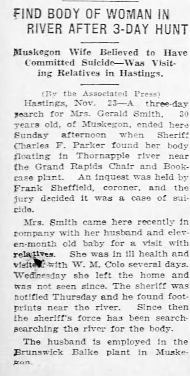 24 Nov 1924 Battle Creek Enquirer: Charles Parker finds body in river