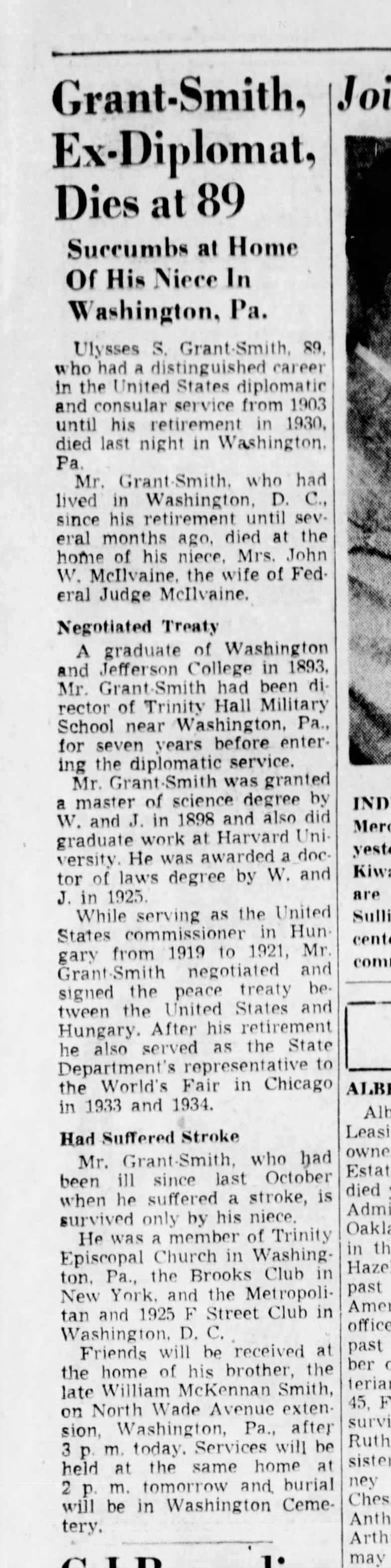 Grant-Smith, Ex-Diplomat, Dies at 89: Succumbs at Home Of His Niece In Washington, Pa.