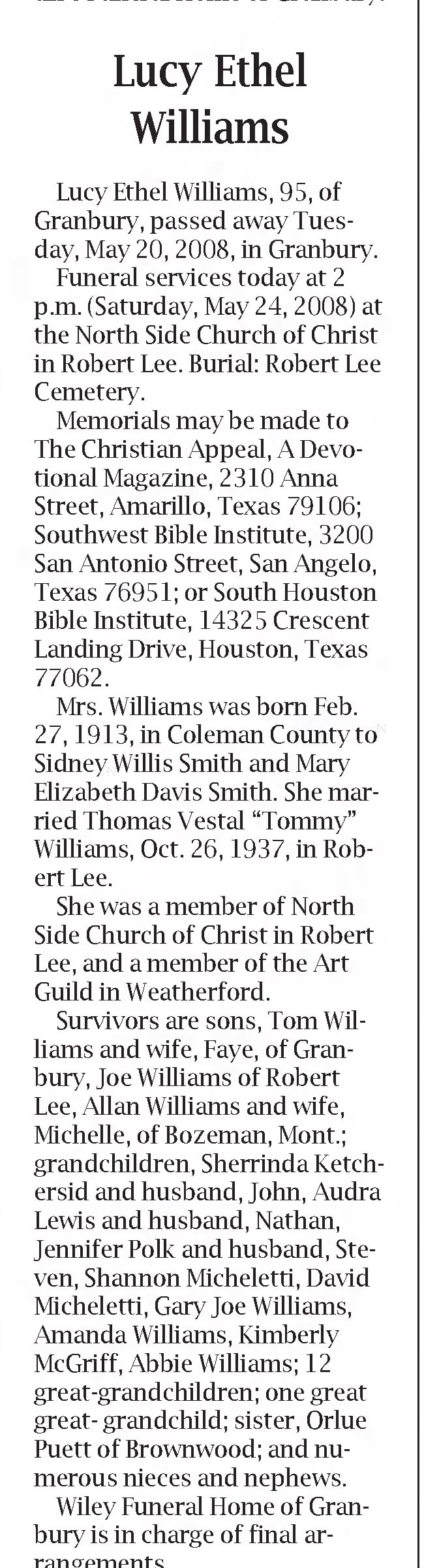 Obituary Lucy Ethel Smith Williams