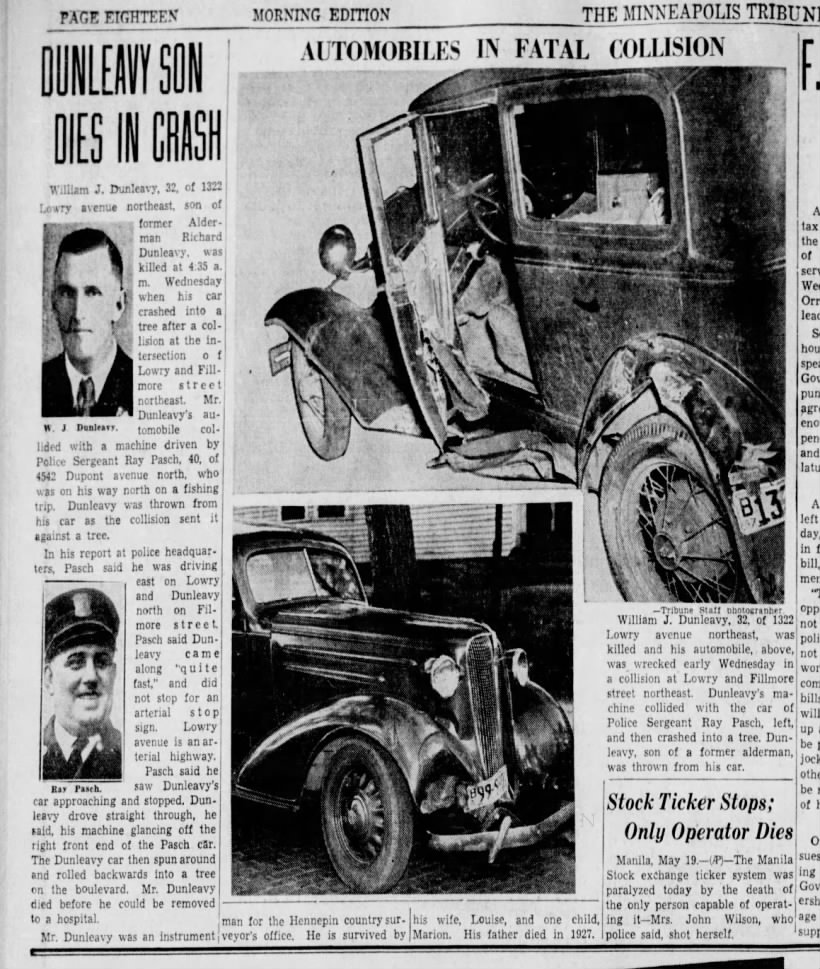 William Joseph Dunleavy dies in car crash, 20 May 1937.