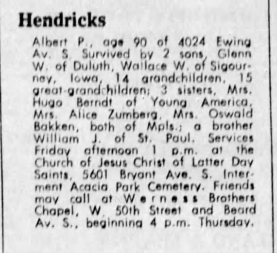 Albert Peter Hendricks obituary, 23 Jan 1970.
