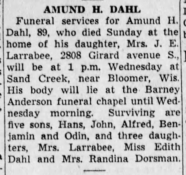 Amund H Dahl obituary, 25 Feb 1936,