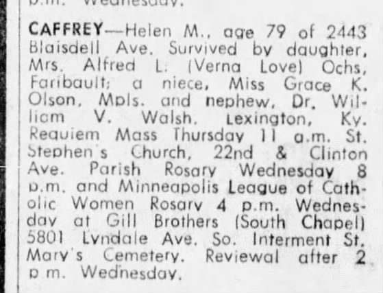 Death of Grace Olson's aunt, Helen Otterson Caffrey obituary, 14 Feb 1967.