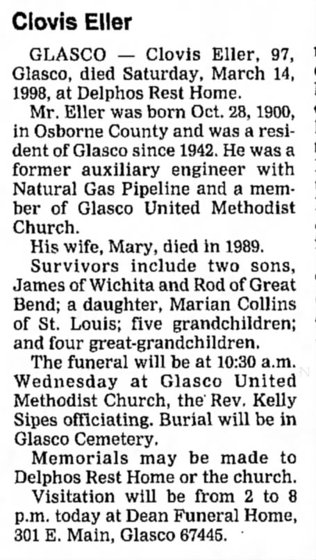 Clovis Eller obituary - Mar 1998.
