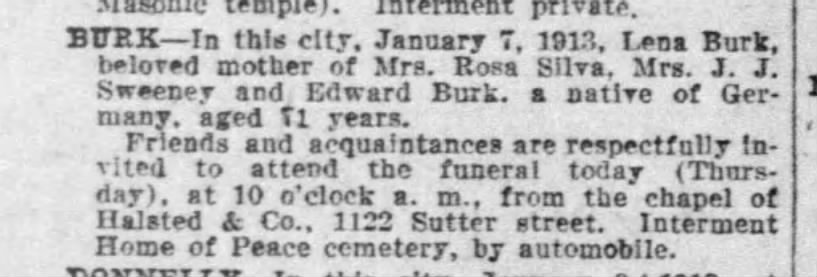 Lena Burk death notice, 9 Jan 1913.