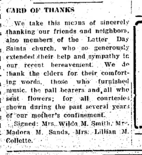 Martha (Wightman) Morrill, card of thanks, 7 Jun 1946.
