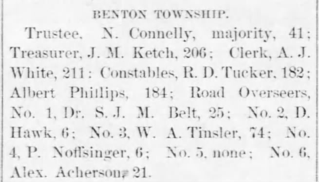 Benton Township, Treasurer, J.M.Ketch, 206.  Township officers elected Feb 6, 1883.