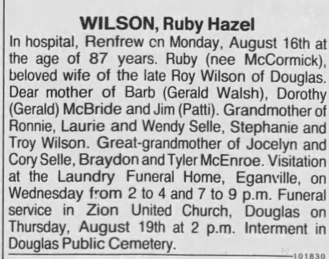 Obituary for Ruby WILSON Hazel (Aged 87)
