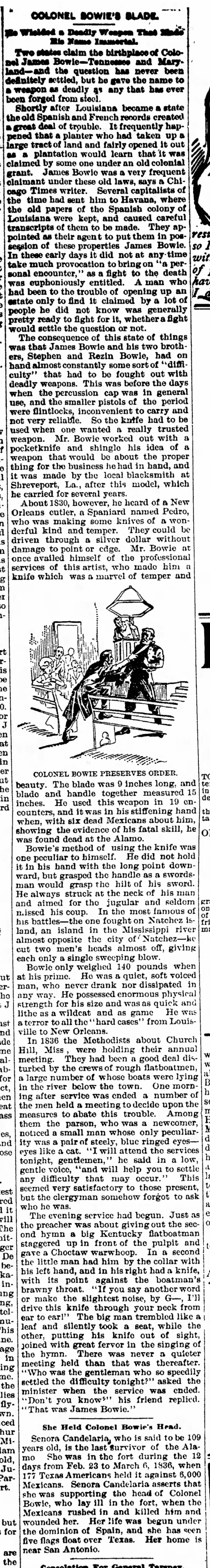 The Sandusky Register (Sandusky, OH) October 26, 1894 p. 7 Col. Bowie's blade, Candelaria