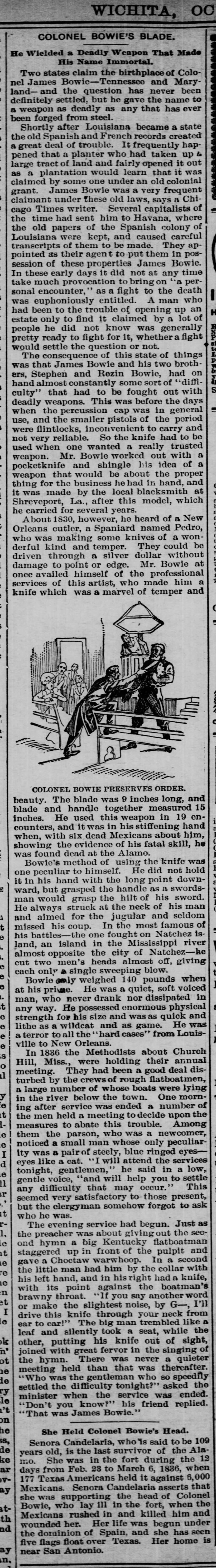The Wichita Beacon (KS) October 22, 1894 Col. Bowie's Blade, Candalaria