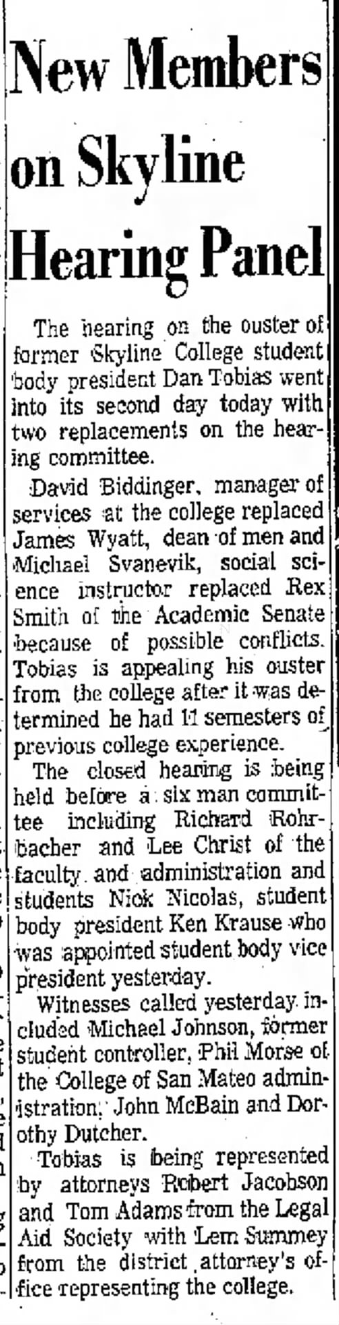 San Mateo Times 18 Nov 1970 Skyline College Hearing Panel includes mention of Dorothy Dutcher