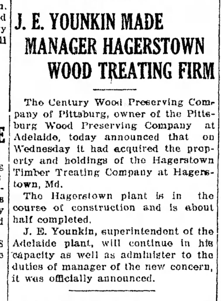 J E Younkin Made Manager of Hagerstown Wood Treating Firm, 1930