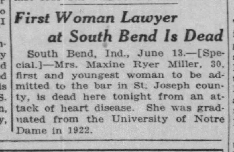 First Woman Lawyer at South Bend Is Dead