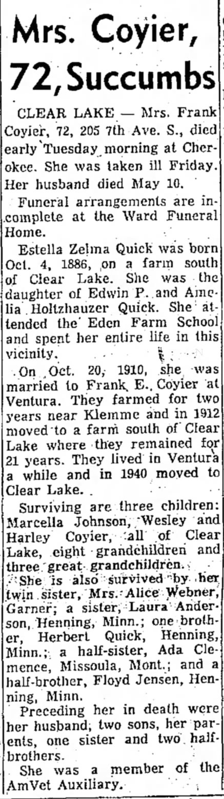 Estella Velma Quikc Coyier Obituary