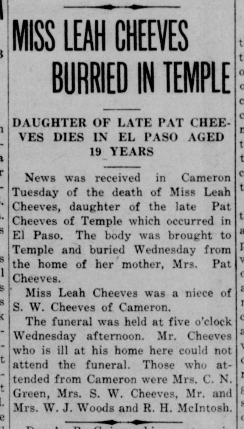 Leah Cheeves obituary, 1921
