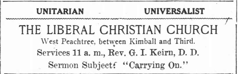 1918.11.02  Large ad for Liberal Christian Church. Rev. Keiru in pulpit