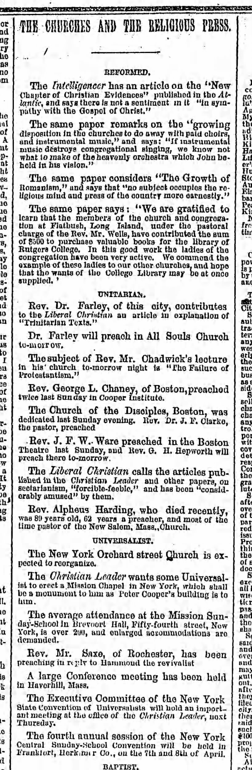 1869.03.06 Notice Rev. George L Chaney Preaches at Cooper Institute