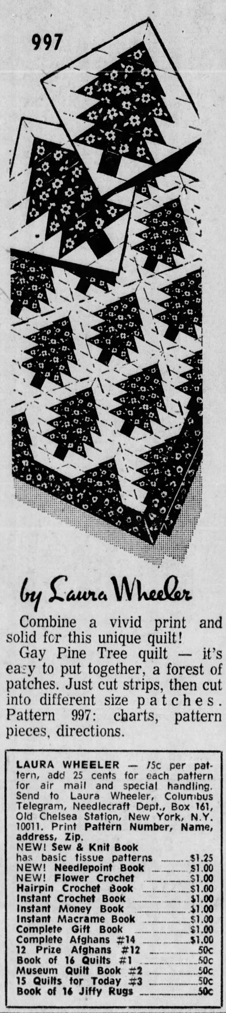 Jan 25, 1974, Laura Wheeler Pine Tree quilt pattern, Columbus Telegram