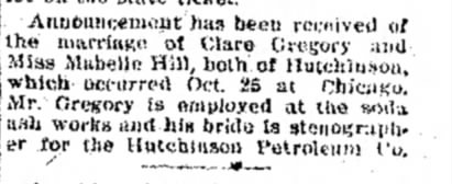 Nov 6, 1920, Announcement of Oct 25 wedding of Clare Gregory and Mabelle Hill