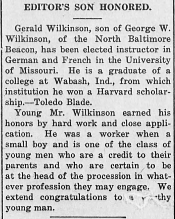 George W. Wilkinson's son Gerald  Wilkinson Honored with instructor position at Univ. of Missouri