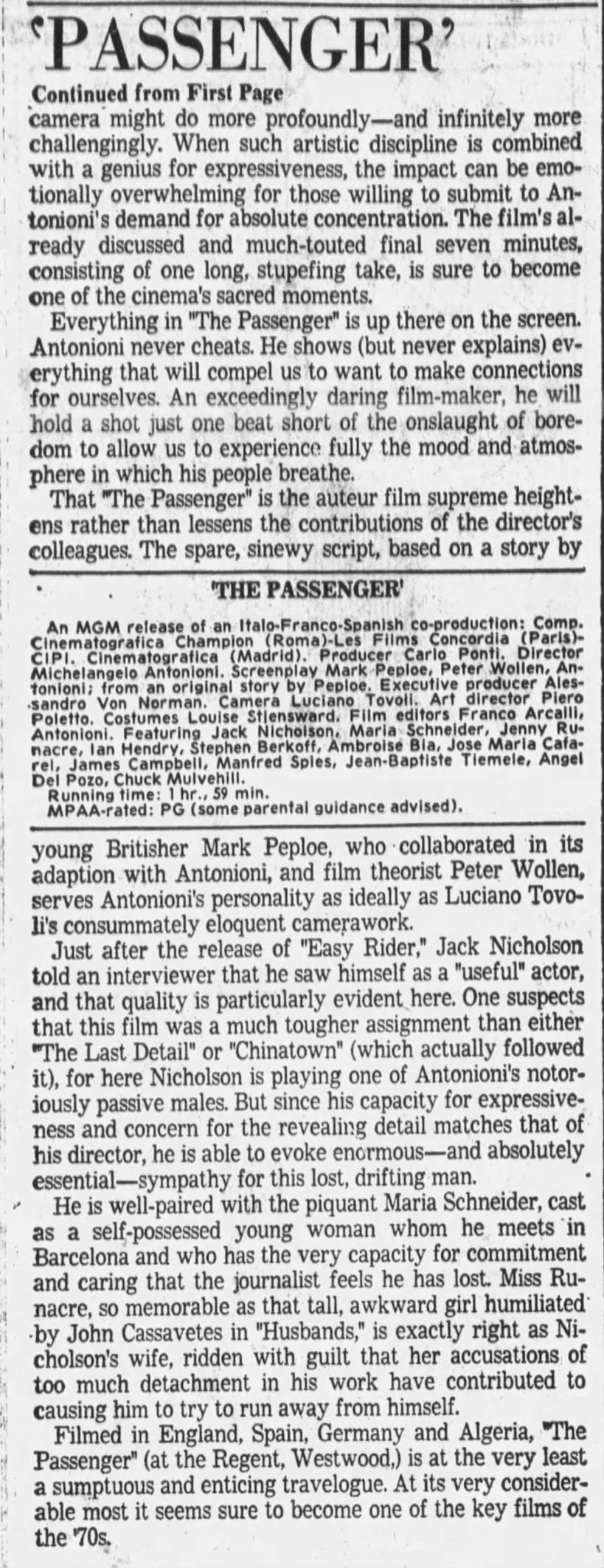 Kevin Thomas's review of 'The Passenger' (2/2)