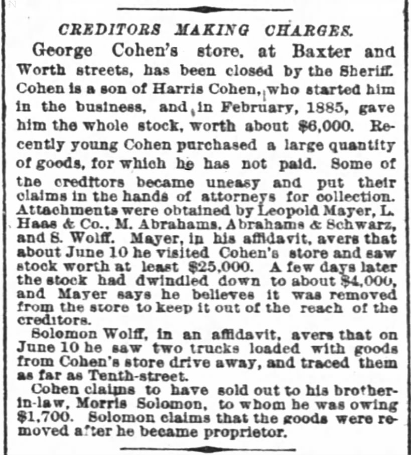 Creditors Making Charges (George Cohen). 21 June 1887. NYT.