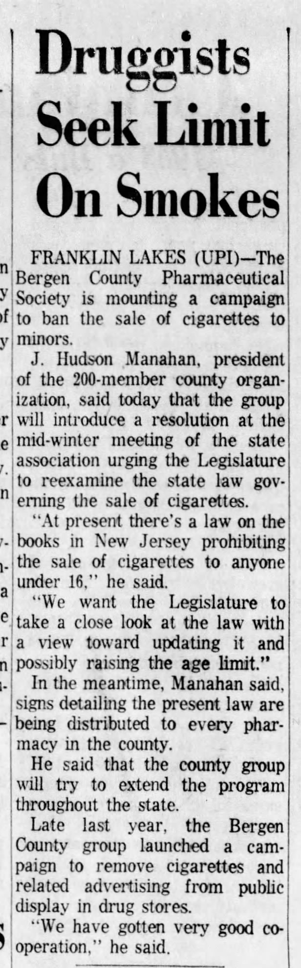 1964 Hudson Manahan campaign to ban sale of cigarettes to minors