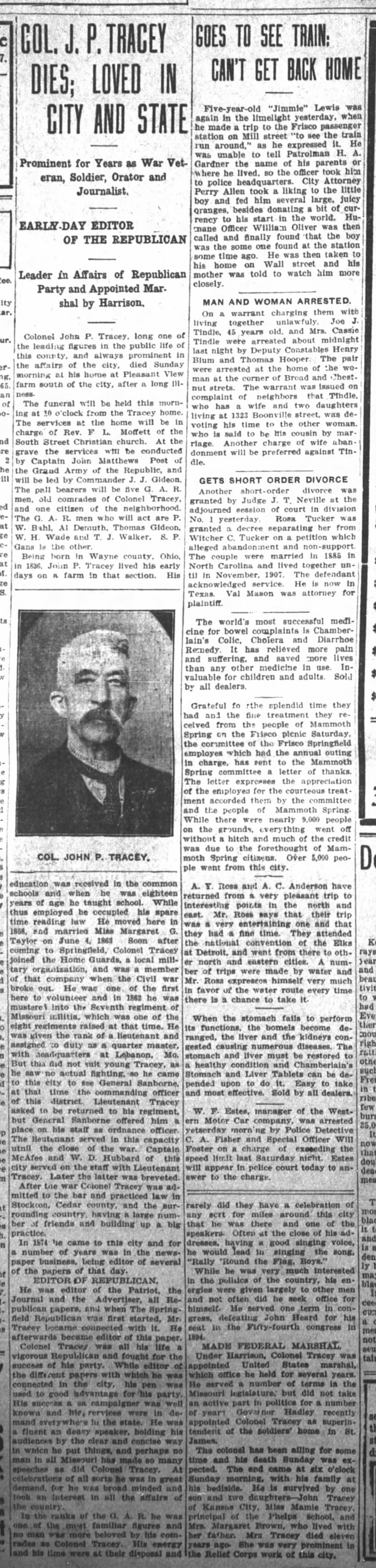 1910 Obituary for John P Tracey