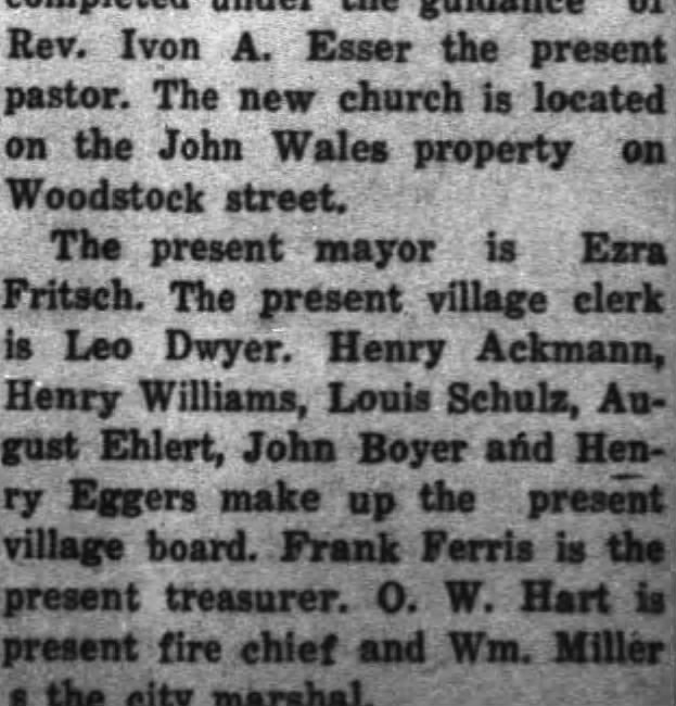 Sept. 1932 - The present mayor (of Huntley) is Ezra Fritsch.