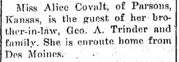 clara covalt is guest of her brother-in law George A Trinder