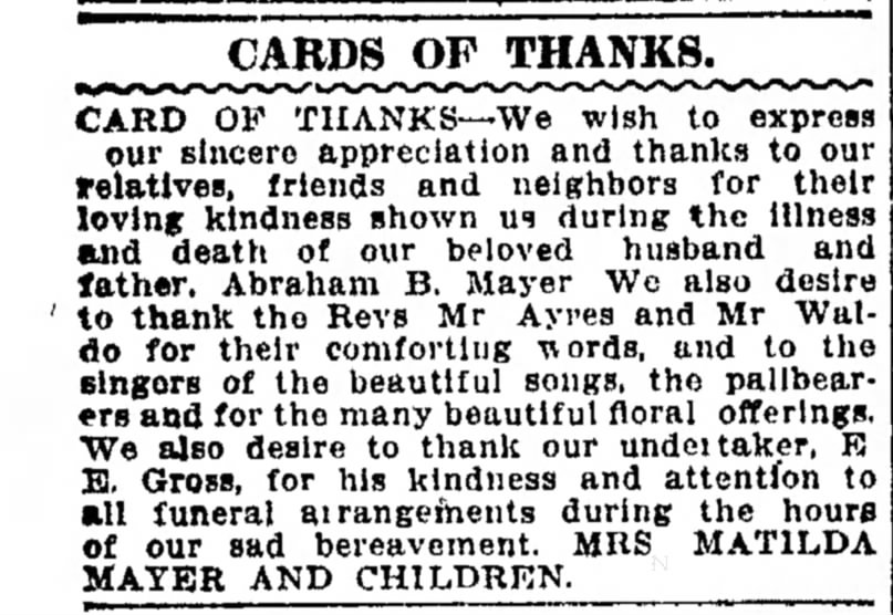 Card of thanks Abraham B Mayer Jan 22, 1914